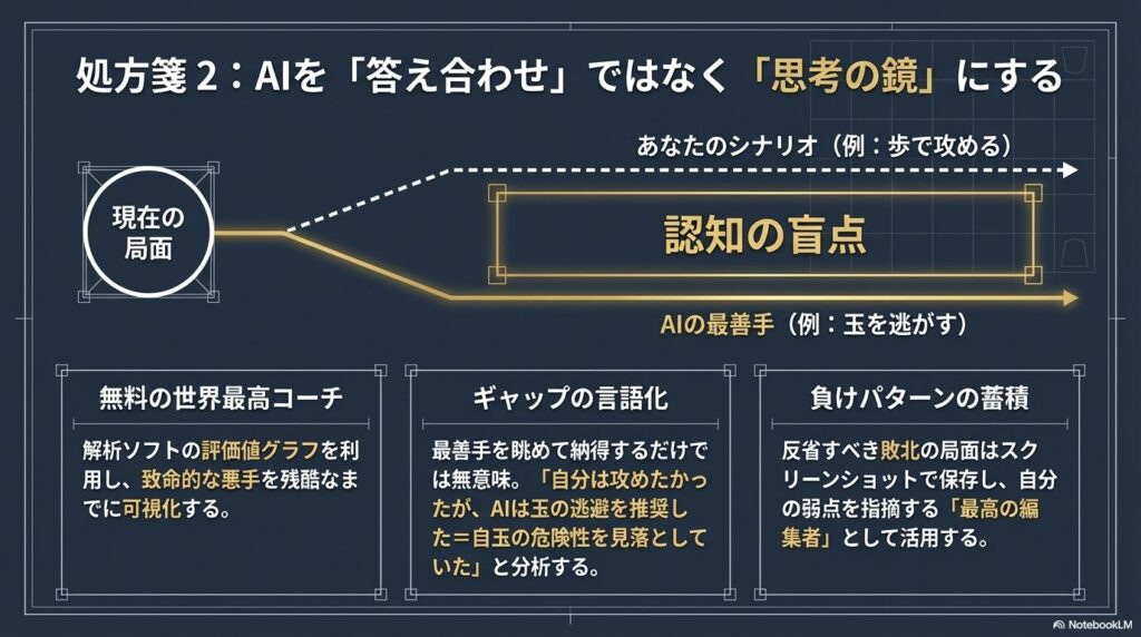 将棋AI解析ソフトを答え合わせではなく自分の思考シナリオとAIの最善手のギャップを言語化する鏡として使う方法