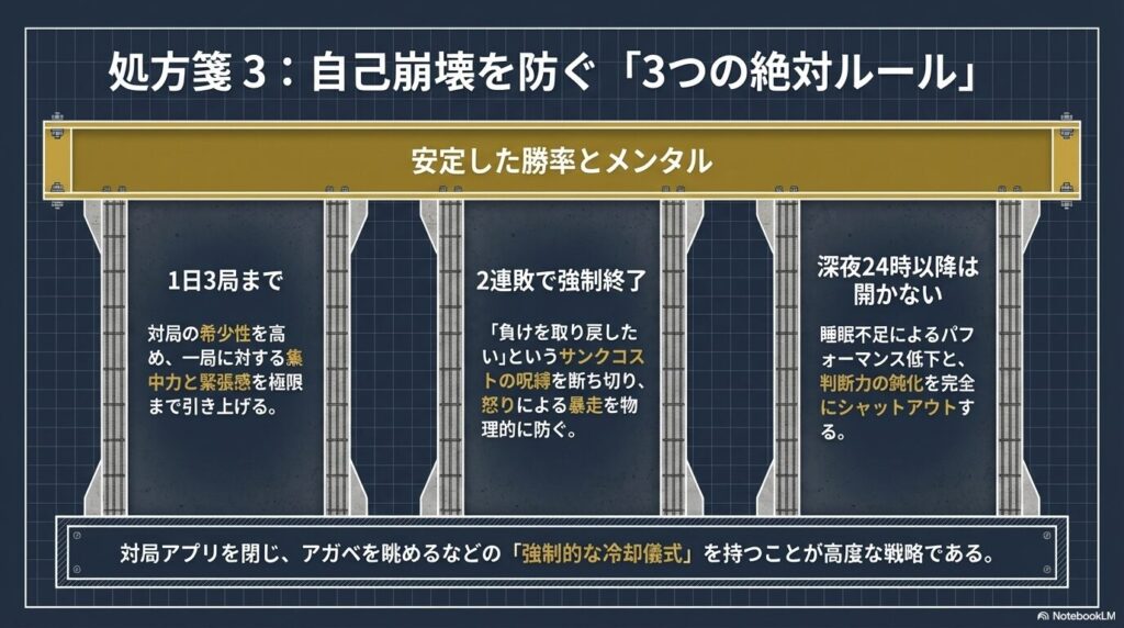 将棋で安定した勝率とメンタルを保つための1日3局まで、2連敗で強制終了、深夜24時以降は開かないという3つの絶対ルール