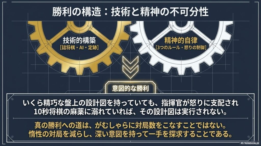 将棋の意図的な勝利の構造である技術的構築と精神的自律の不可分性を示す図解