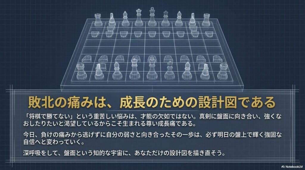 盤上に並べられた駒のワイヤーフレーム図と敗北の痛みを成長のための設計図に変えるメッセージ