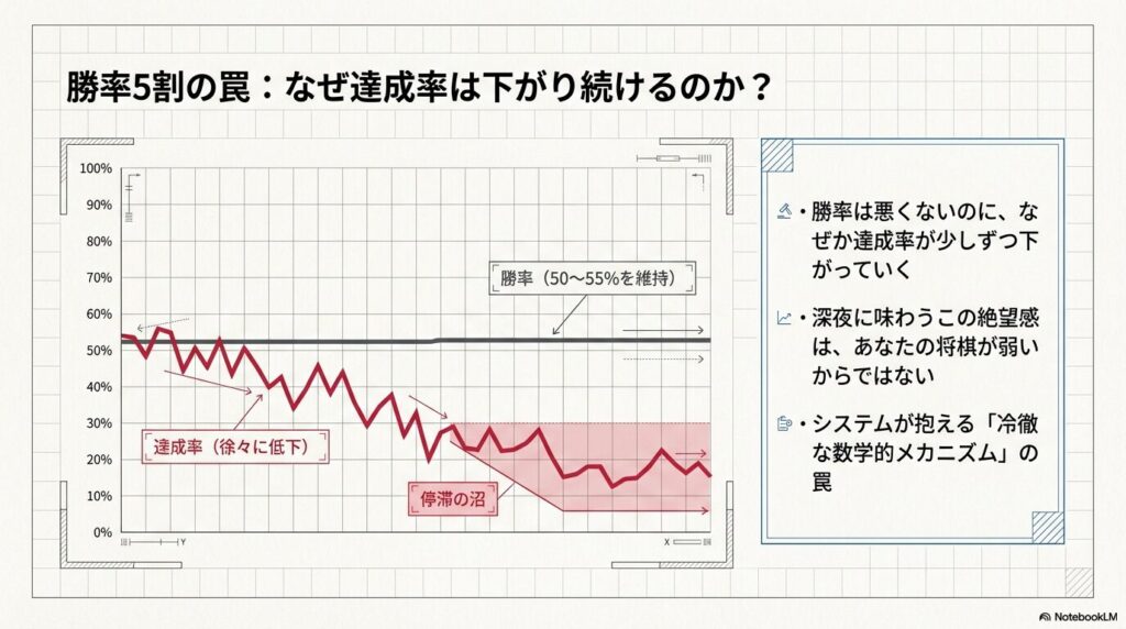 将棋ウォーズで勝率50%を維持しても達成率が徐々に低下して沼に陥るグラフ