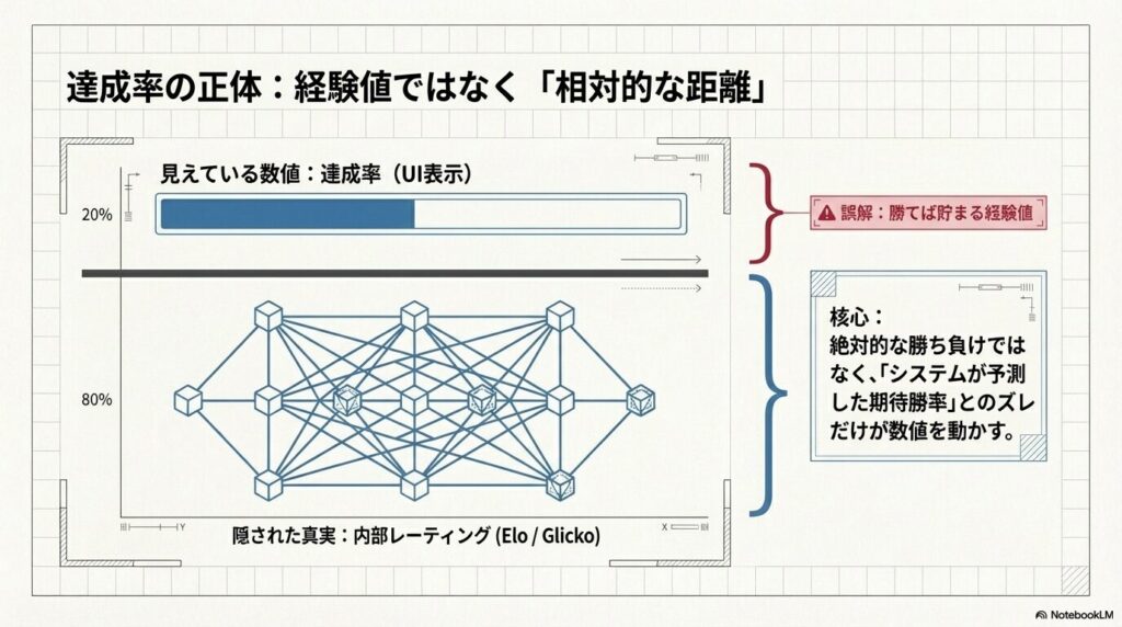 将棋ウォーズのUIに表示される達成率と、隠された内部レーティング(Elo/Glicko)の関係を図解