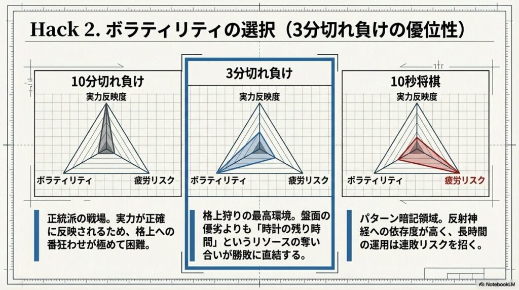 10分切れ負け、3分切れ負け、10秒将棋における実力反映度とボラティリティの違いを示すレーダーチャート