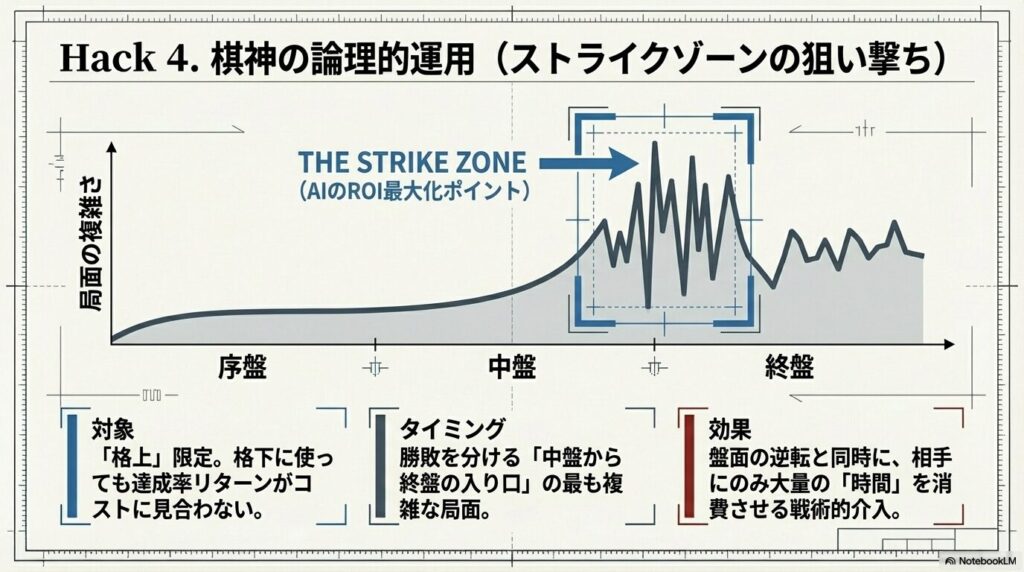 局面の複雑さがピークに達する中盤から終盤の入り口を「AIのROI最大化ポイント」として棋神を投入するグラフ