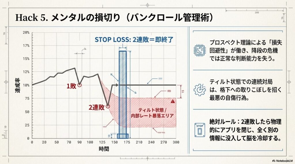 2連敗をストップロスラインとし、ティルト状態による内部レート暴落を防ぐバンクロール管理のグラフ