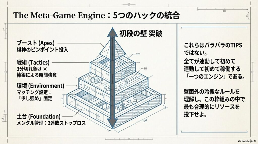 メンタル管理を土台に、環境、戦術、ブーストを組み合わせて将棋ウォーズ初段の壁を突破する5つのハック統合図