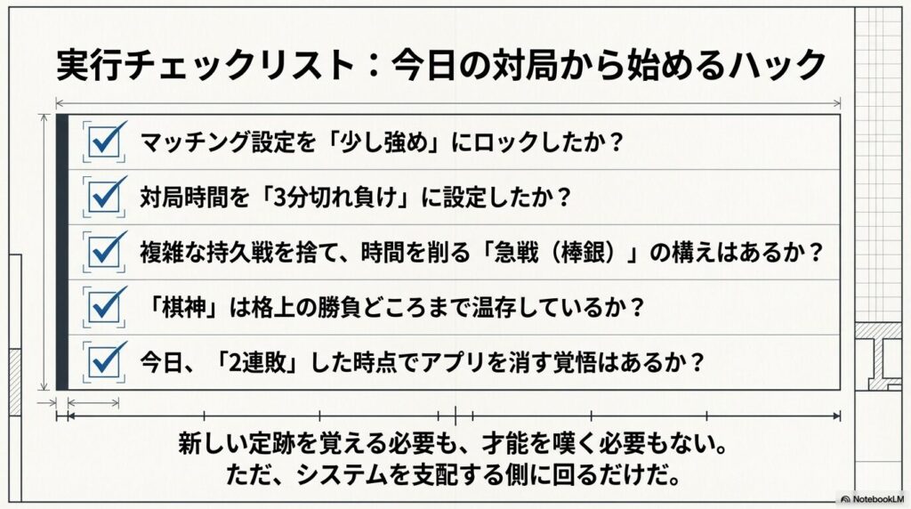 マッチング設定や戦術、棋神の温存、メンタル管理など、今日の対局から始めるハックの実行チェックリスト