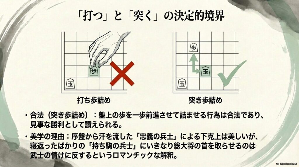 持ち駒を打って詰ませる打ち歩詰めと盤上の歩を進める突き歩詰めの合法性の違い