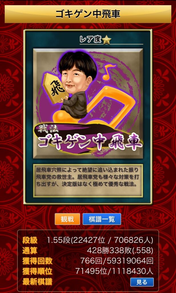 私の将棋ウォーズのゴキゲン中飛車の戦績