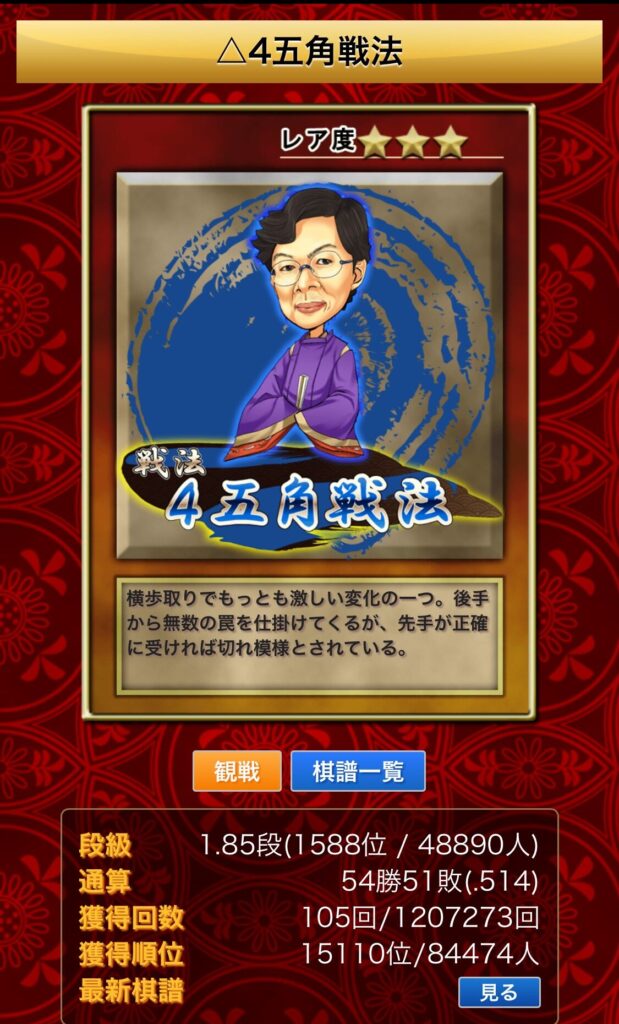 私の将棋ウォーズの4五角戦法の戦績