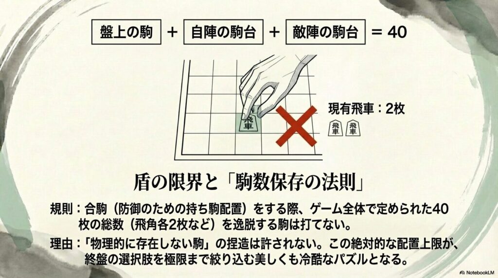 将棋の駒の総数40枚を超えて合駒を打つことができない駒数保存の法則