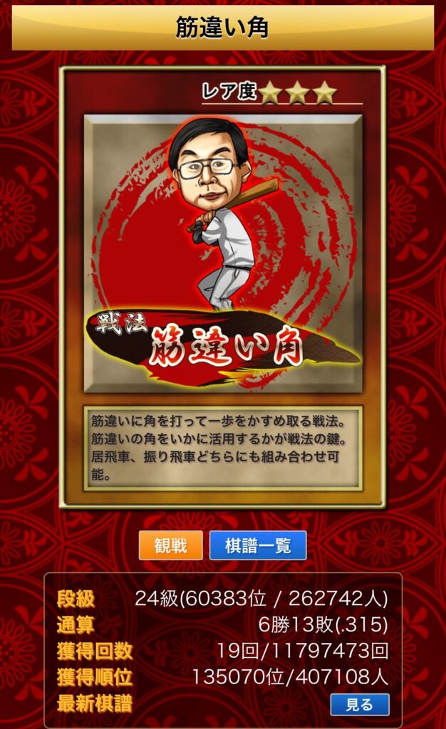 私の将棋ウォーズの筋違い角の戦績