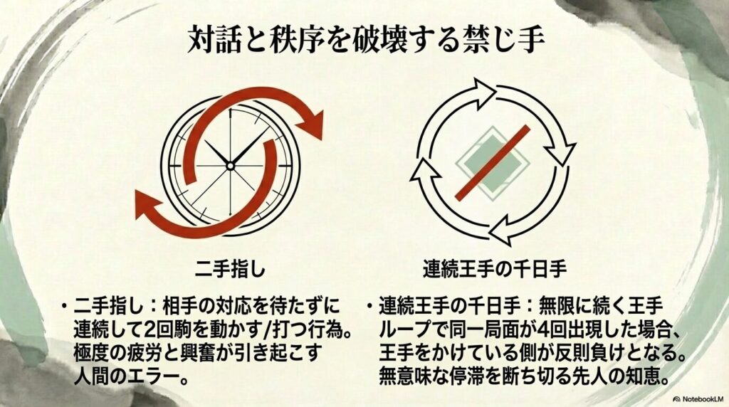 連続して2回駒を動かす二手指しと連続王手の千日手の反則ループ