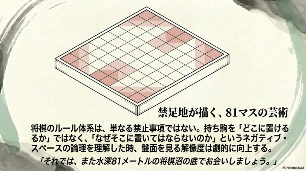持ち駒を置いてはならない禁足地が描く将棋盤の81マスのネガティブスペース