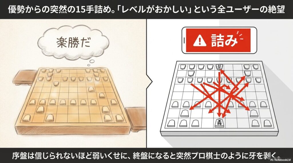 楽勝だと思っていた優勢の局面からぴよ将棋のAIに突然15手詰めをされ全ユーザーが絶望する図
