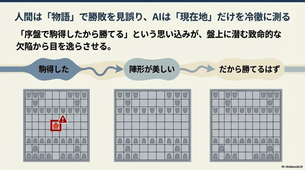 序盤で駒得をして有利だと思い込み盤上の致命的な欠陥から目を逸らしてしまう人間の認知バイアス