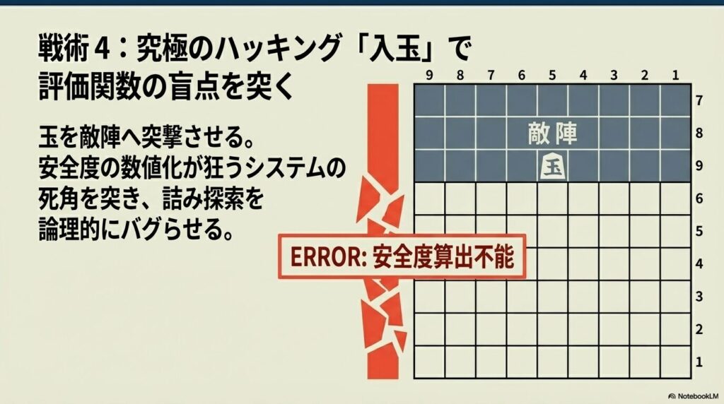 ぴよ将棋のAIの安全度算出の死角を突き自玉を敵陣へ突撃させる究極のハッキング入玉戦法