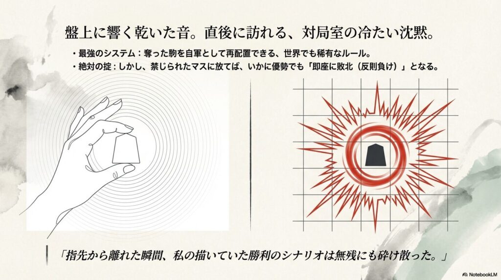 持ち駒を禁じられたマスに打った瞬間に即座に敗北となる将棋の反則ルールのイメージ