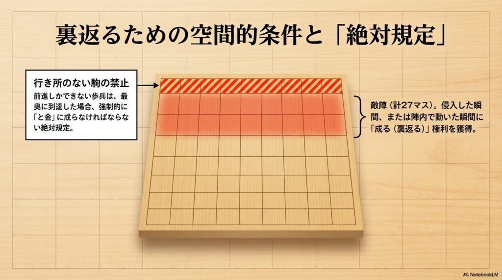将棋の歩が裏返るための空間的条件と「行き所のない駒の禁止」ルールの解説