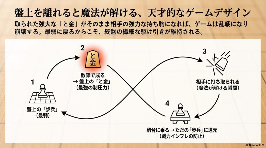 取られたと金が盤上を離れるとただの歩兵に還元されるゲームデザインのサイクル図