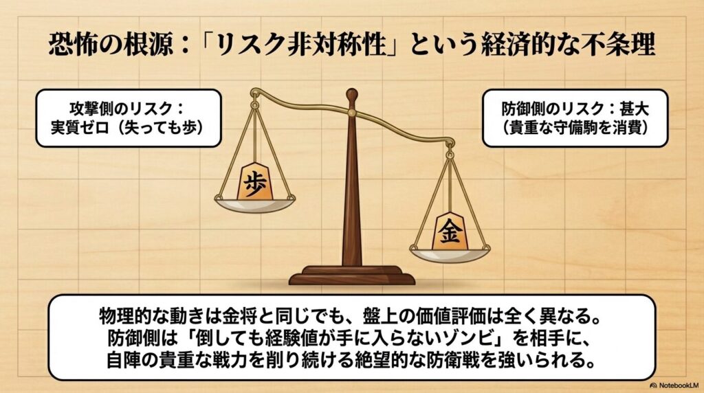 と金と金将の交換におけるリスク非対称性を示す天秤のイラスト