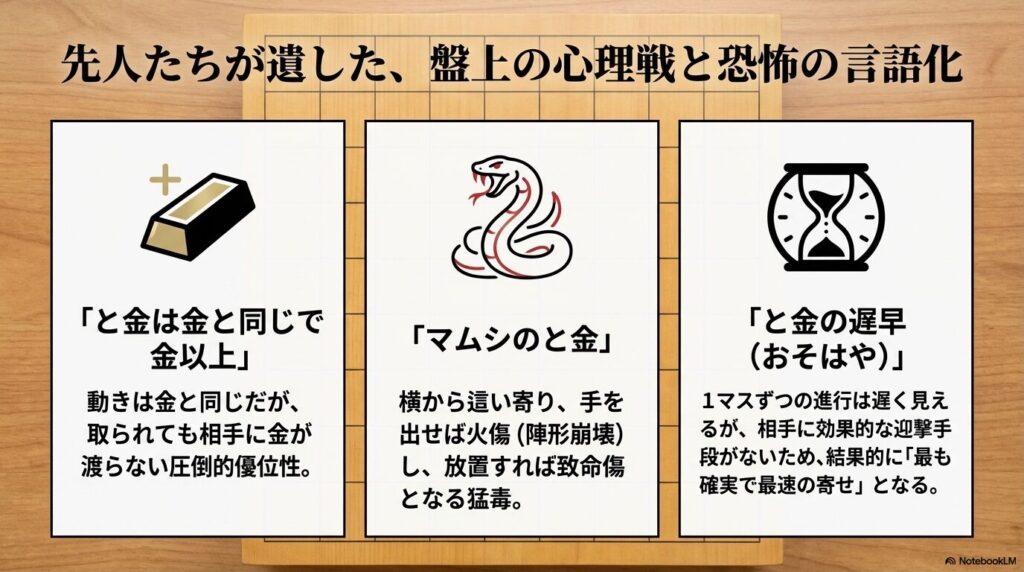 と金に関する将棋の格言(マムシのと金、と金の遅早)と心理戦の解説
