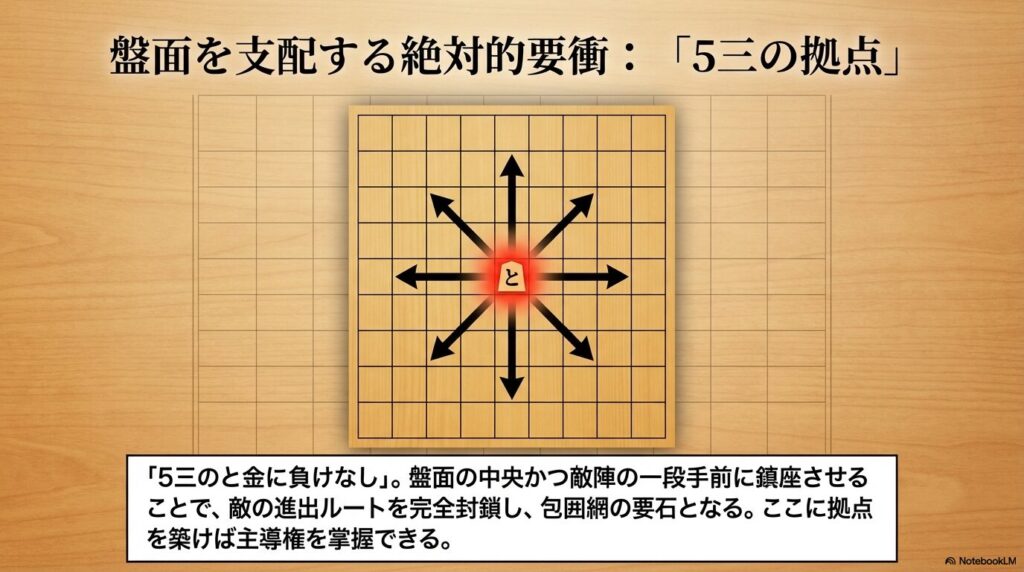 盤面を支配する絶対的要衝である「5三」の拠点にと金を配置した盤面図
