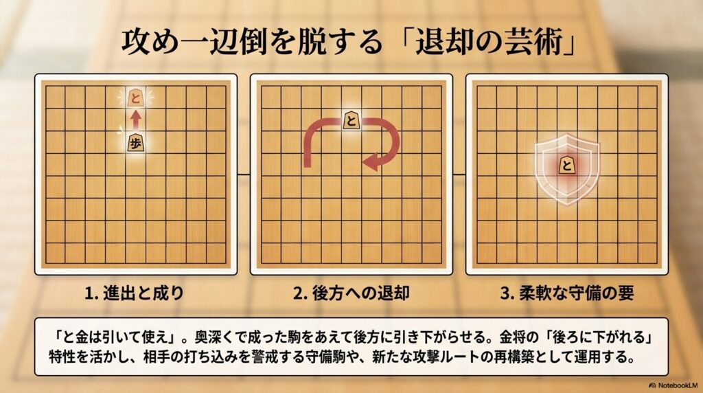敵陣深くで成ったと金を後方に引き下がらせて守備に使う「退却の芸術」の解説図