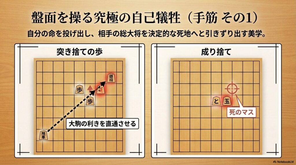 飛車などの大駒の利きを直通させる究極の自己犠牲「突き捨ての歩」の手筋図