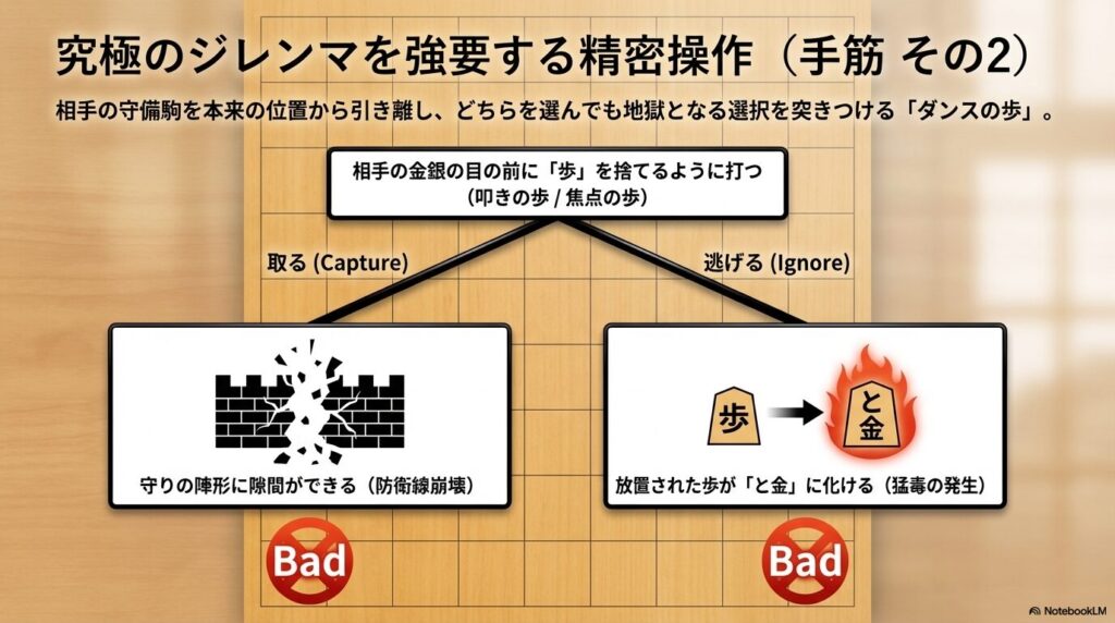 相手にジレンマを強要し守備駒を引き離す「ダンスの歩」と「叩きの歩」の解説