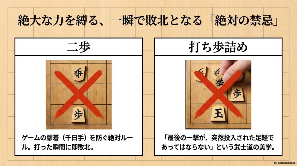 将棋における絶対の禁忌であり一瞬で反則負けとなる「二歩」と「打ち歩詰め」の図解
