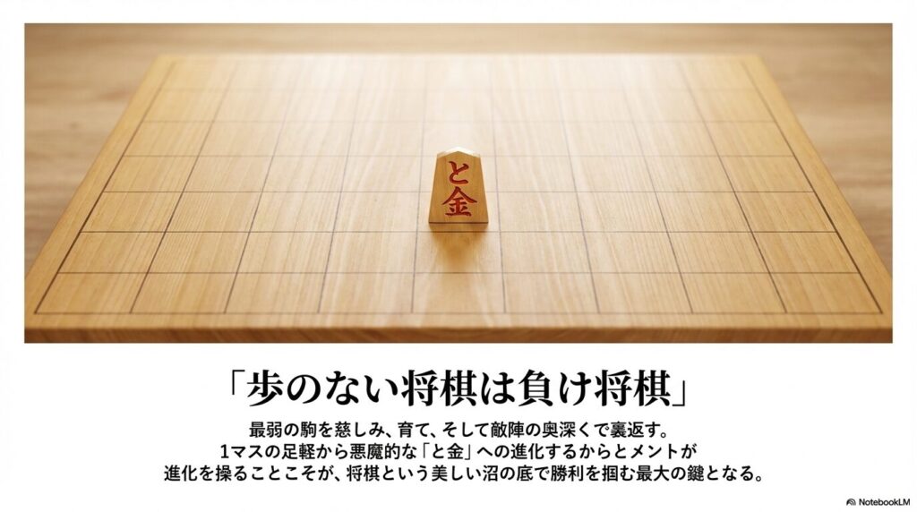 将棋盤の中央に静かに置かれた最強の駒「と金」の写真