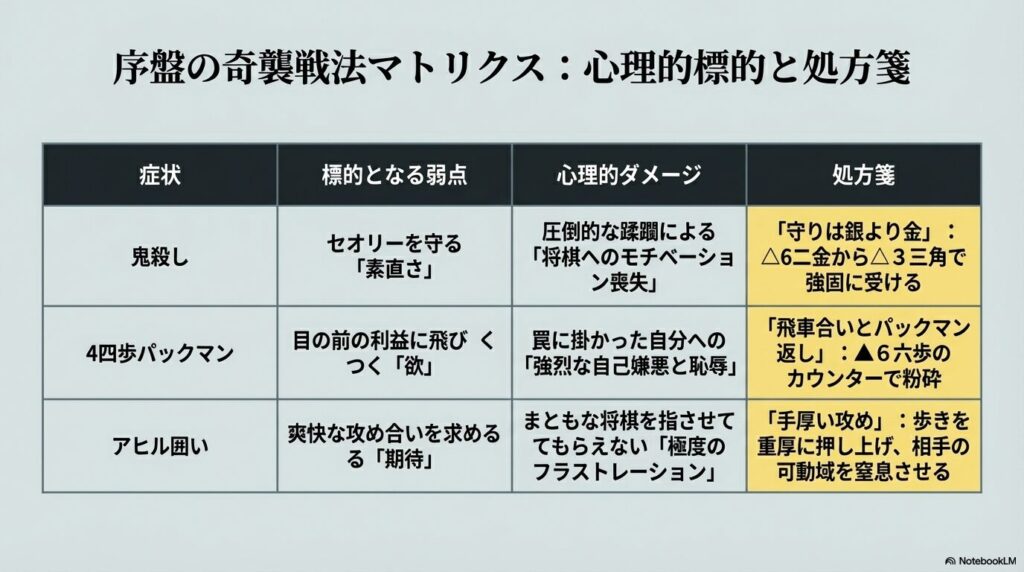 鬼殺し、4四歩パックマン、アヒル囲いなど序盤の奇襲戦法マトリクスと対策