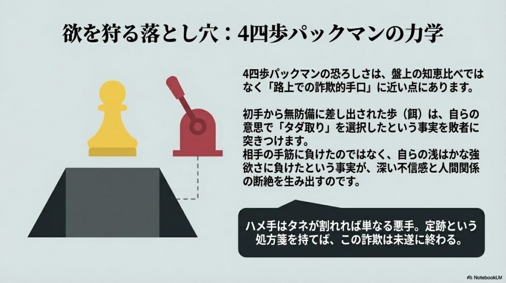 欲を狩る落とし穴である4四歩パックマンの力学を解説したスライド