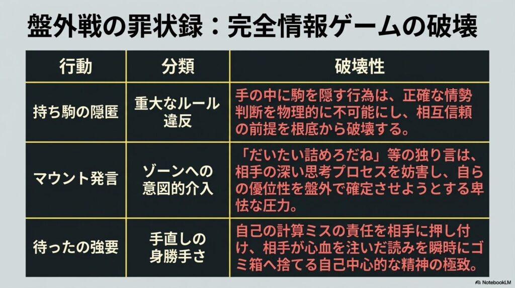 持ち駒の隠匿や待ったの強要など、完全情報ゲームを破壊する盤外戦の罪状録