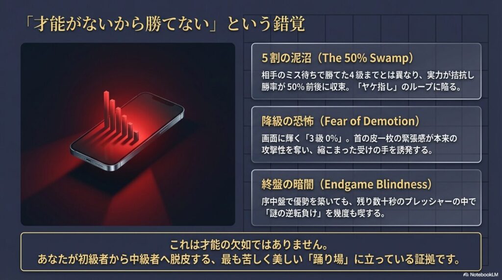 将棋ウォーズ3級で勝てないのは才能の欠如ではなく構造的な壁。勝率5割の泥沼や降級の恐怖、終盤の暗闇の図解。 
