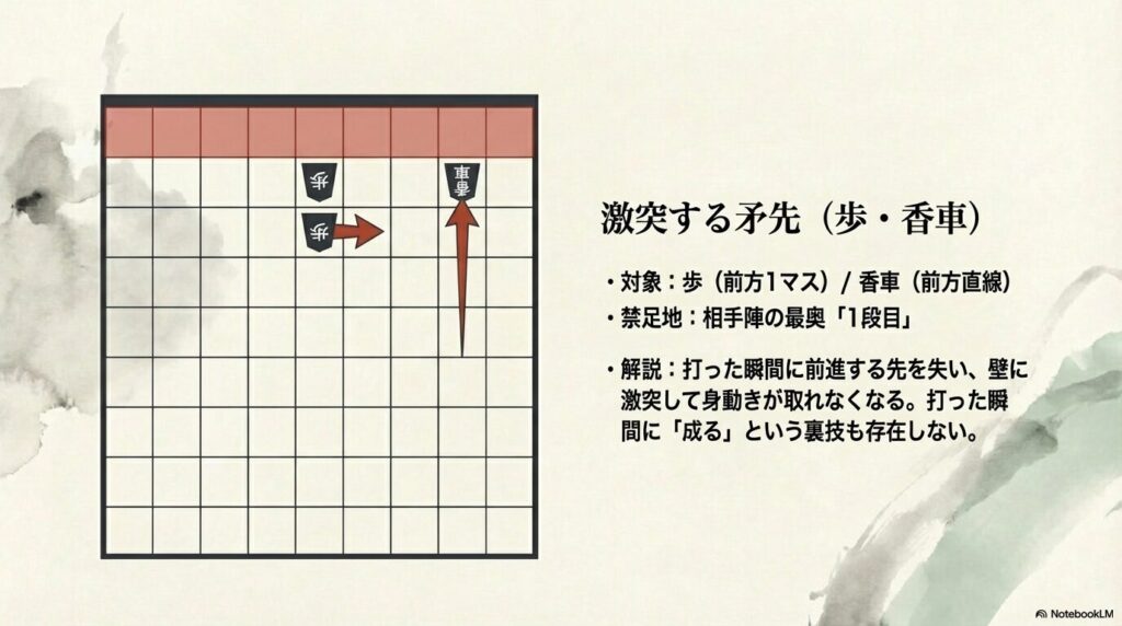 前方にしか進めない歩と香車を相手陣の1段目に打って壁に激突するイメージ