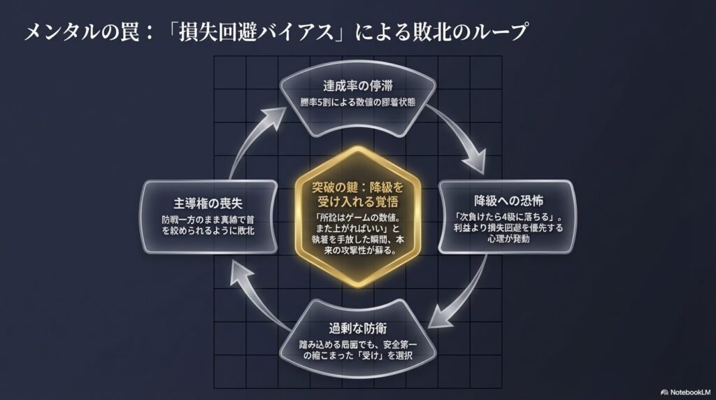 将棋ウォーズ3級で勝てないプレイヤーが陥るメンタルの罠と損失回避バイアスの悪循環サイクル図。
