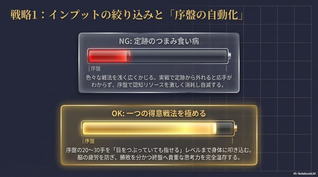 将棋ウォーズ3級向けの序盤勉強法。色々な定跡をつまみ食いするのではなく、一つの得意戦法を極めて序盤を自動化する重要性の比較図。