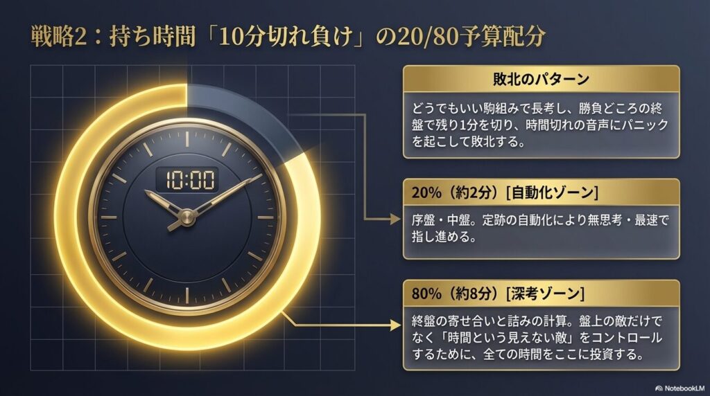 将棋ウォーズの10分切れ負けルールにおける持ち時間の最適な予算配分。序盤に2割、終盤の寄せに8割の時間を投資する図解。
