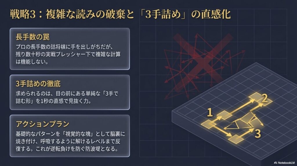 将棋ウォーズ3級の終盤力向上に必要な3手詰めの直感化。長手数の複雑な読みを破棄し、3手で詰む形を視覚的に把握する解説図。