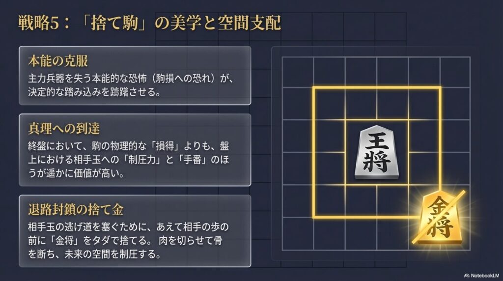 将棋の終盤における捨て駒の美学と空間支配。主力兵器を失う損失回避の本能を克服し、退路封鎖の捨て金を打つ手筋。