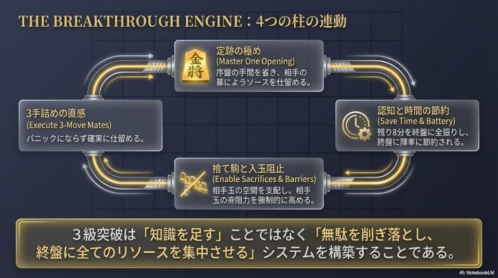 将棋ウォーズ3級の壁を突破するための4つの柱。定跡の極め、時間の節約、捨て駒と入玉阻止、3手詰めの直感の連動システム図。