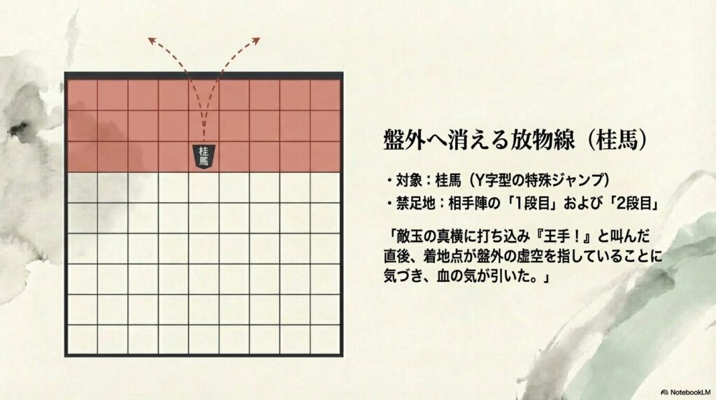 桂馬を相手陣の1段目や2段目に打つと次のジャンプの着地点が盤外になる物理的制約