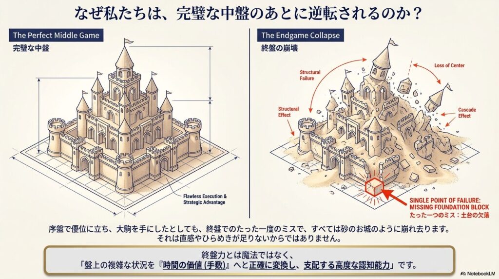 将棋の終盤で逆転される理由を砂のお城の崩壊で例えた図解