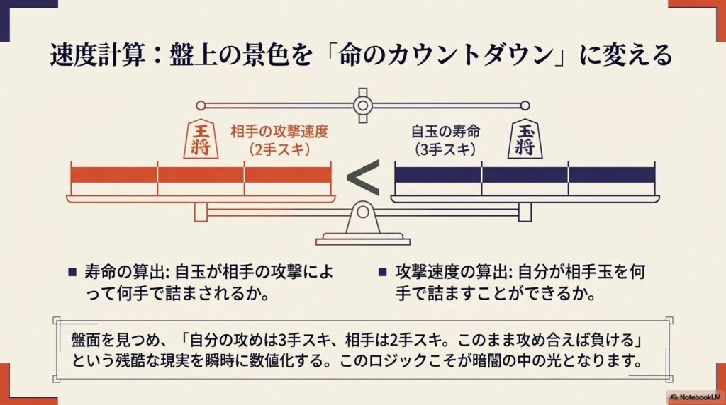 将棋の終盤力に必須の速度計算理論：自玉の寿命と相手玉の攻撃速度の比較
