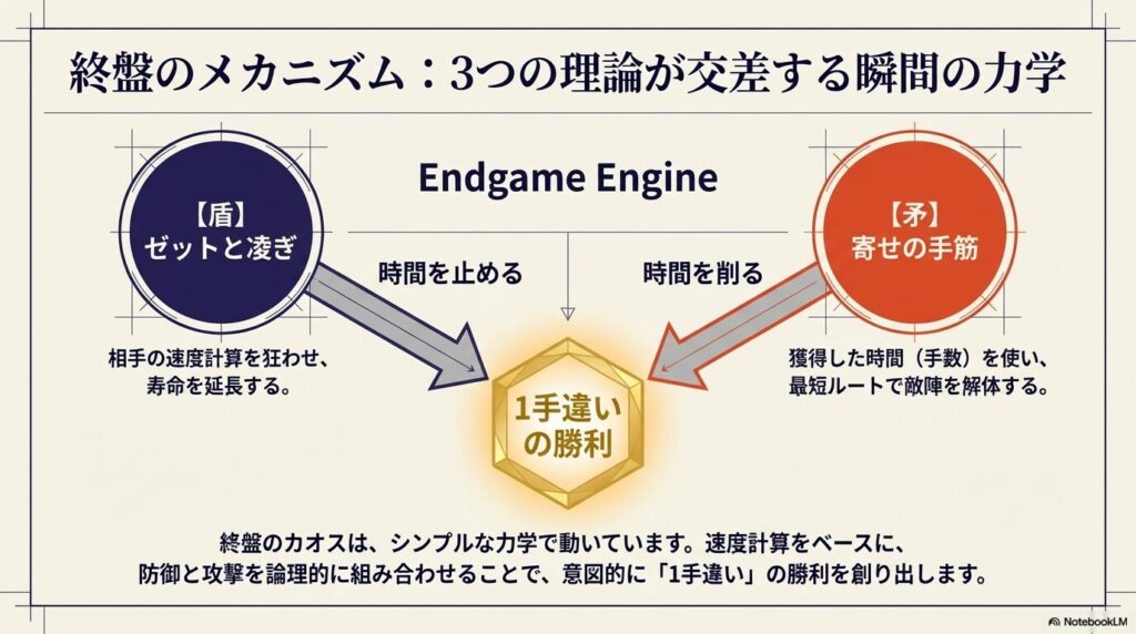 速度計算をベースにゼット（盾）と寄せ（矛）を組み合わせる将棋の終盤メカニズム