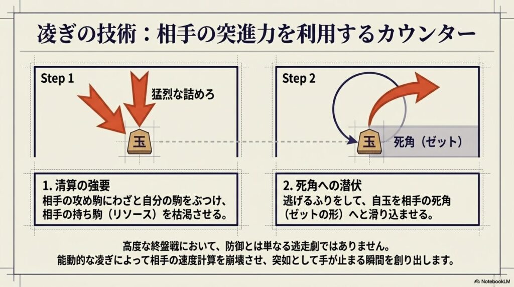 将棋の終盤での凌ぎの手筋：清算の強要と死角への潜伏によるカウンター技術