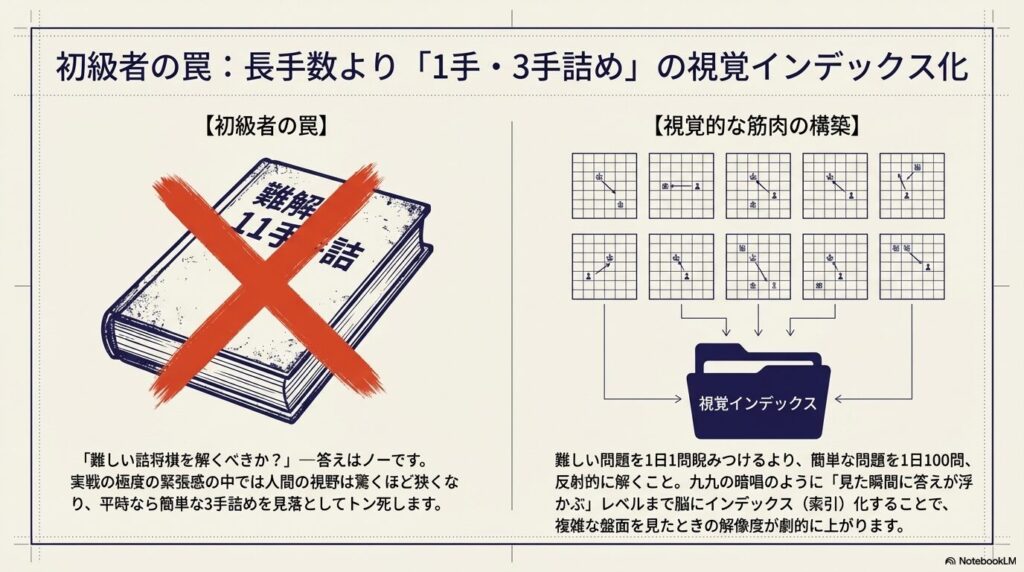 将棋初心者が陥る長手数の詰将棋の罠と、1手・3手詰めによる視覚インデックス化の図解