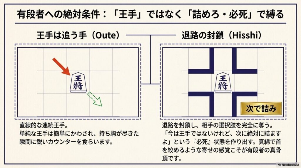 将棋の有段者に必須となる直線的な王手と退路を封鎖する詰めろ・必死の違い